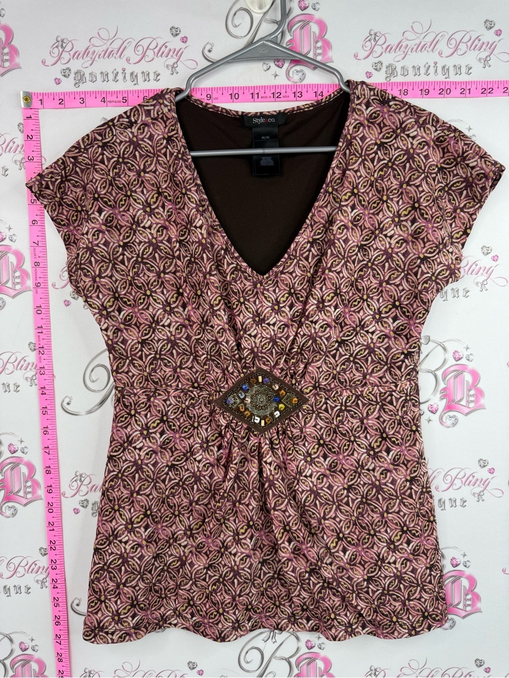 Style & Co. Tee Pink and Brown Patterned V-Neck Top with Embellished Waist